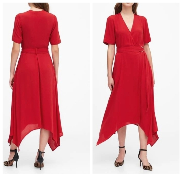 Banana Republic handkerchief hem red wrap midi dress. Belted. Size 12. Pockets - Picture 12 of 16